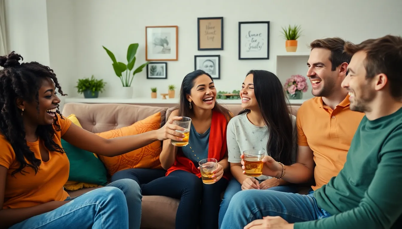 friends laughing at a casual gathering after an awkward moment.