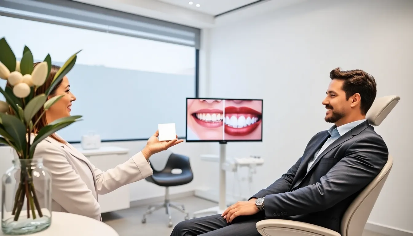 Dentist explaining porcelain and composite veneers to a patient in a modern Perth clinic.