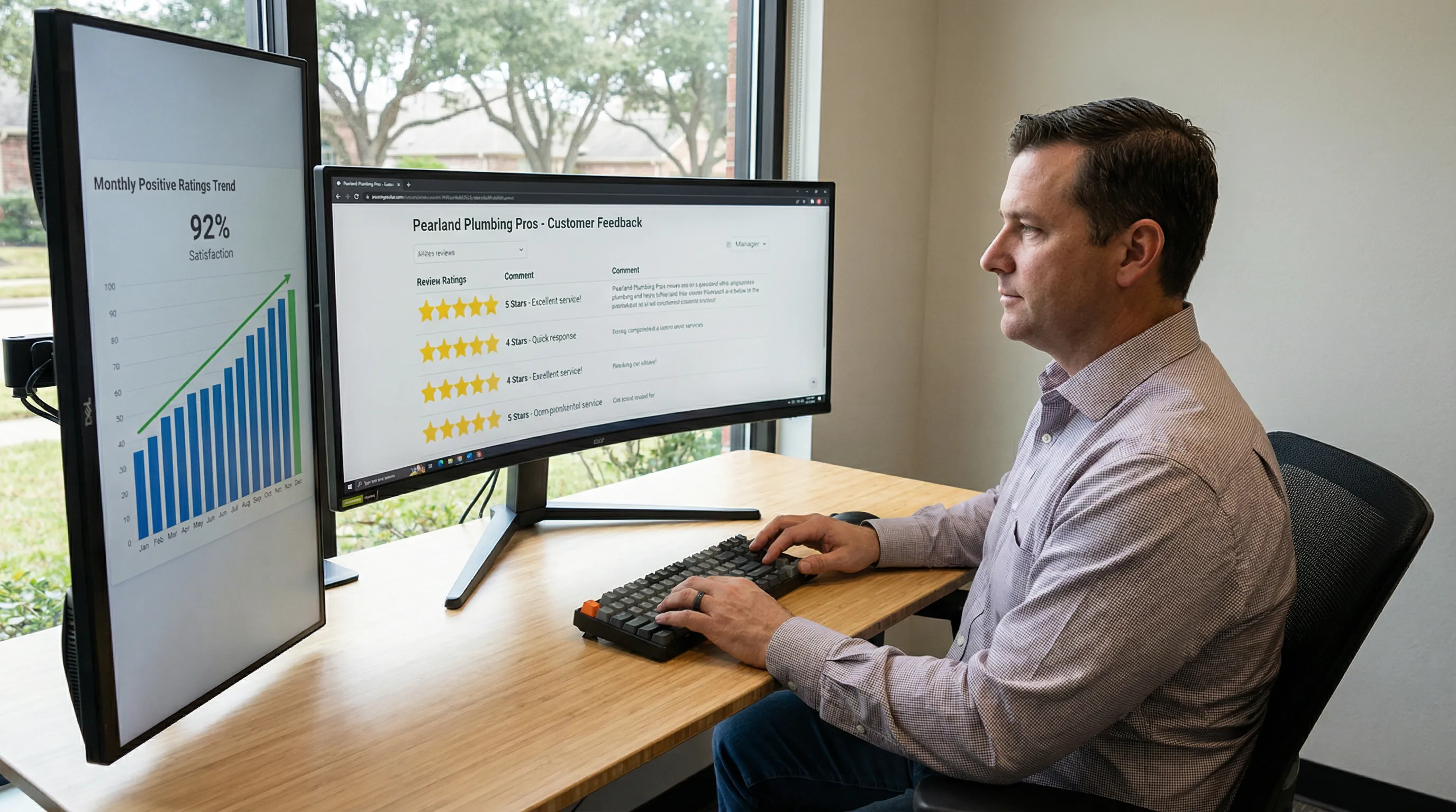 Manager in an office reviewing and responding to online customer reviews on dual monitors to build local reputation.