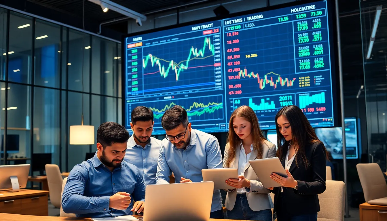 diverse traders collaborating in a modern trading workspace.