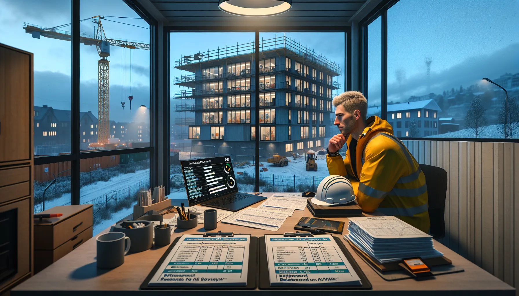 Construction manager in norway reviewing project progress, cost, and hse data dashboards.
