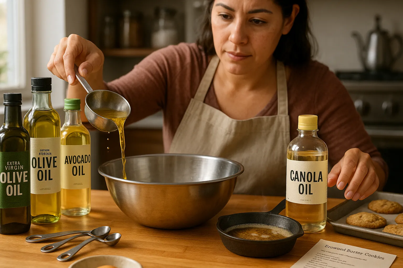 Person pouring melted butter while different oil bottles sit on a kitchen counter.