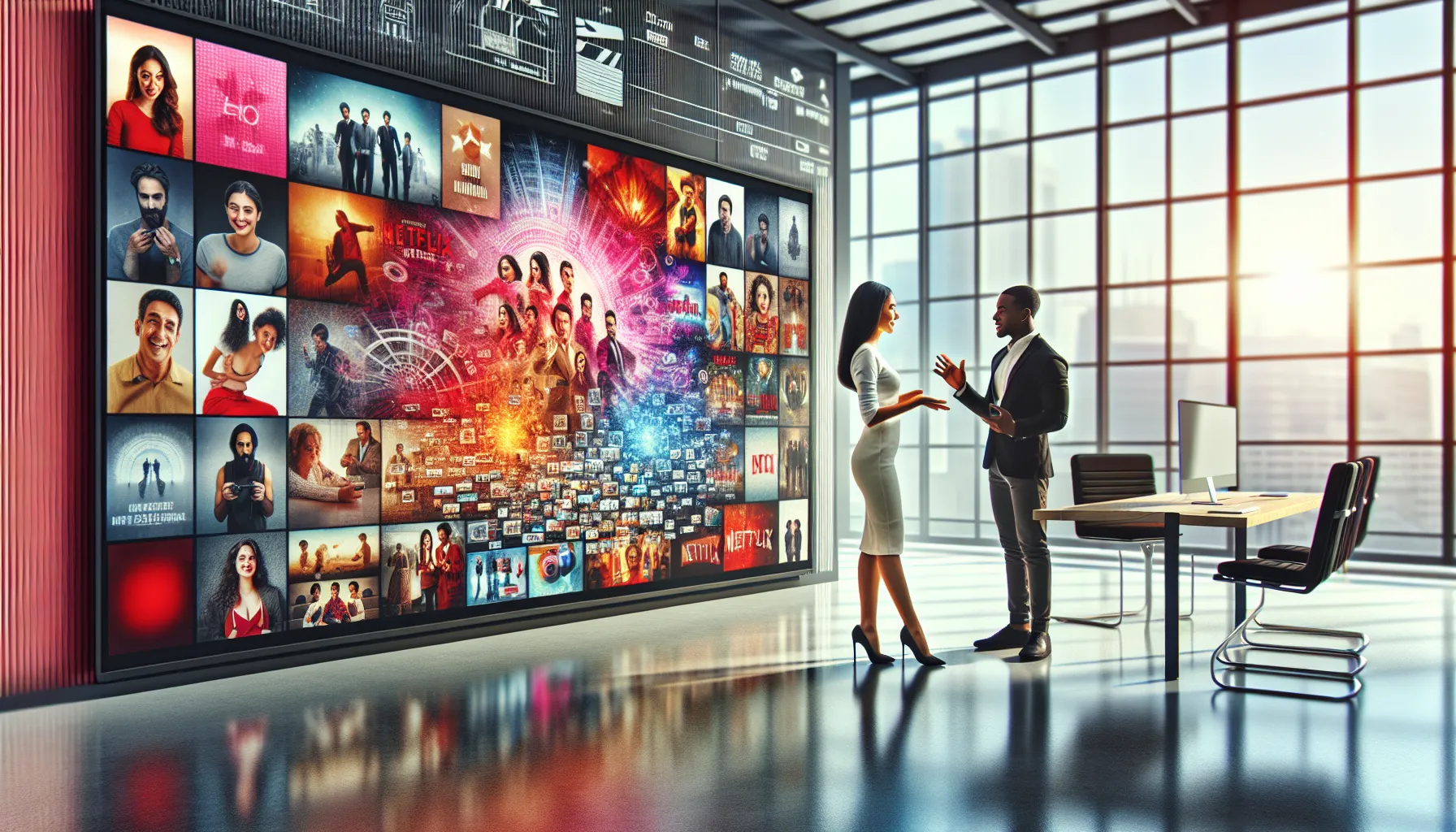 professionals exploring a movie streaming platform in a modern setting.