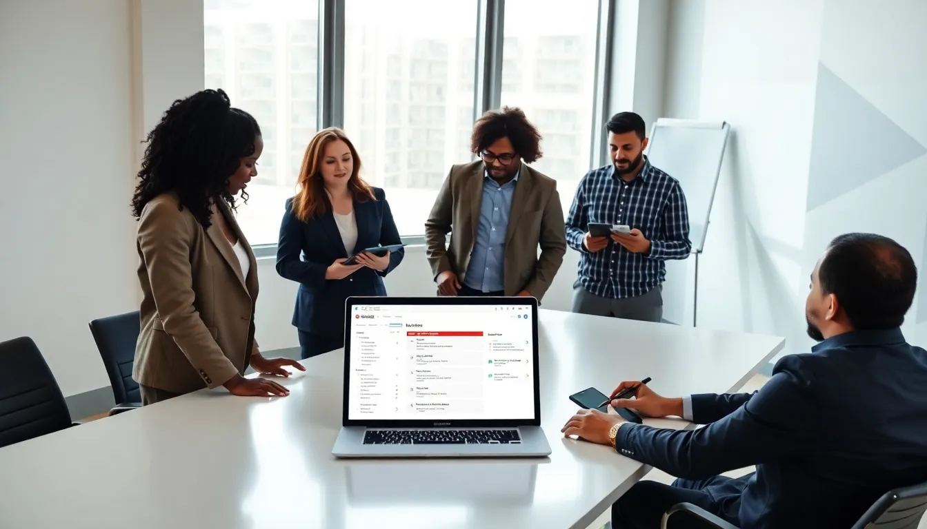 diverse team discussing punch list software in a modern office.