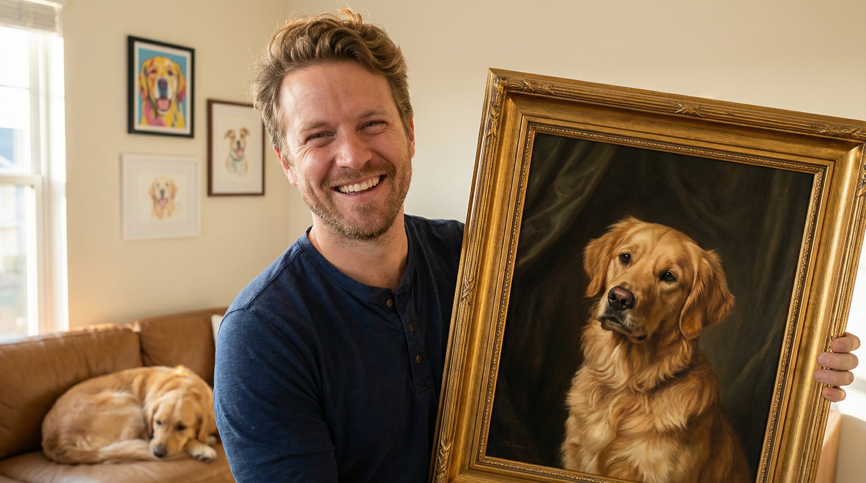 Man proudly holding a framed custom portrait of his golden retriever at home.
