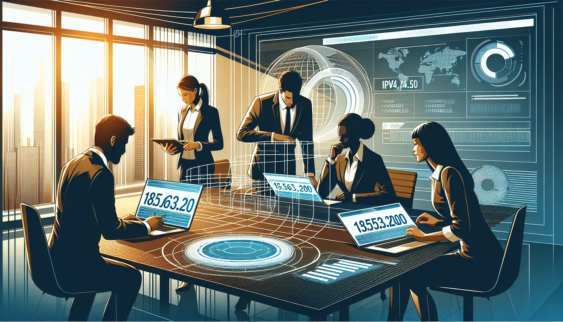 Infographic showing IP address types with professionals in a modern office setting.