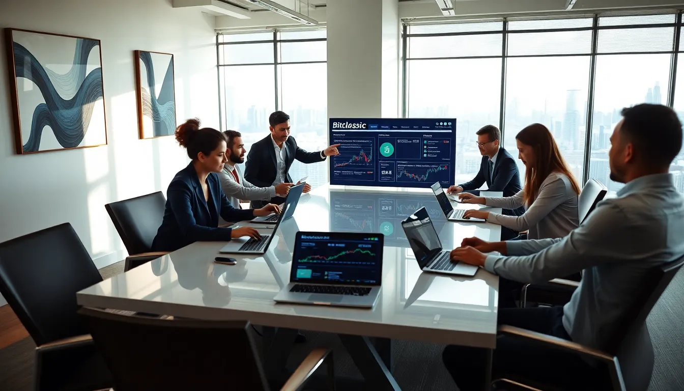 diverse professionals discussing Bitclassic in a modern office.