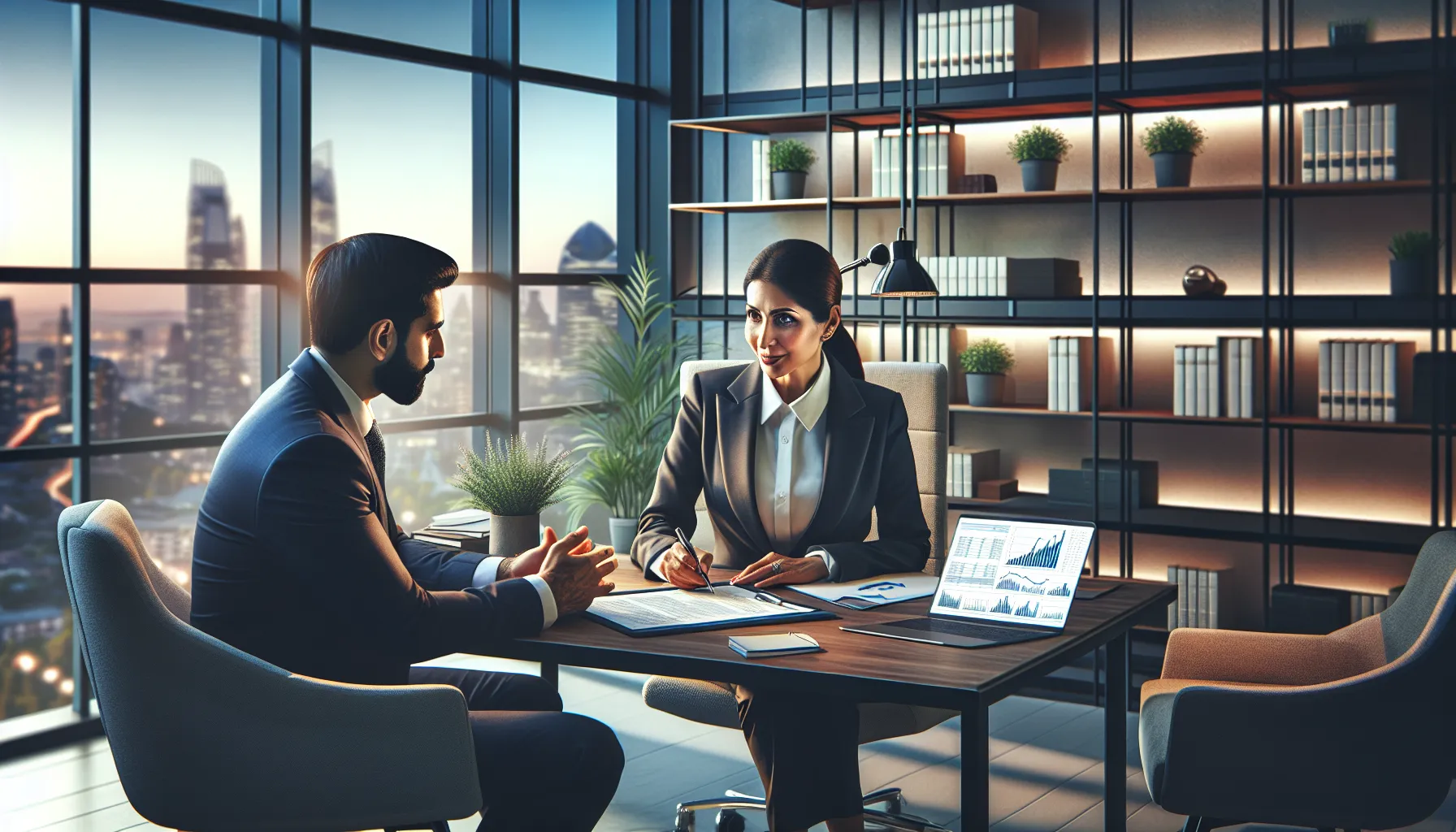 A financial advisor consulting a client in a modern office.