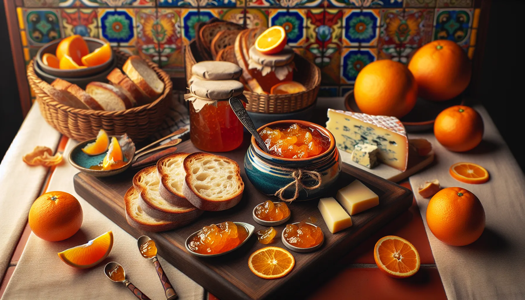 A table with jam, marmalade, bread, cheese, and oranges in a Spanish setting.