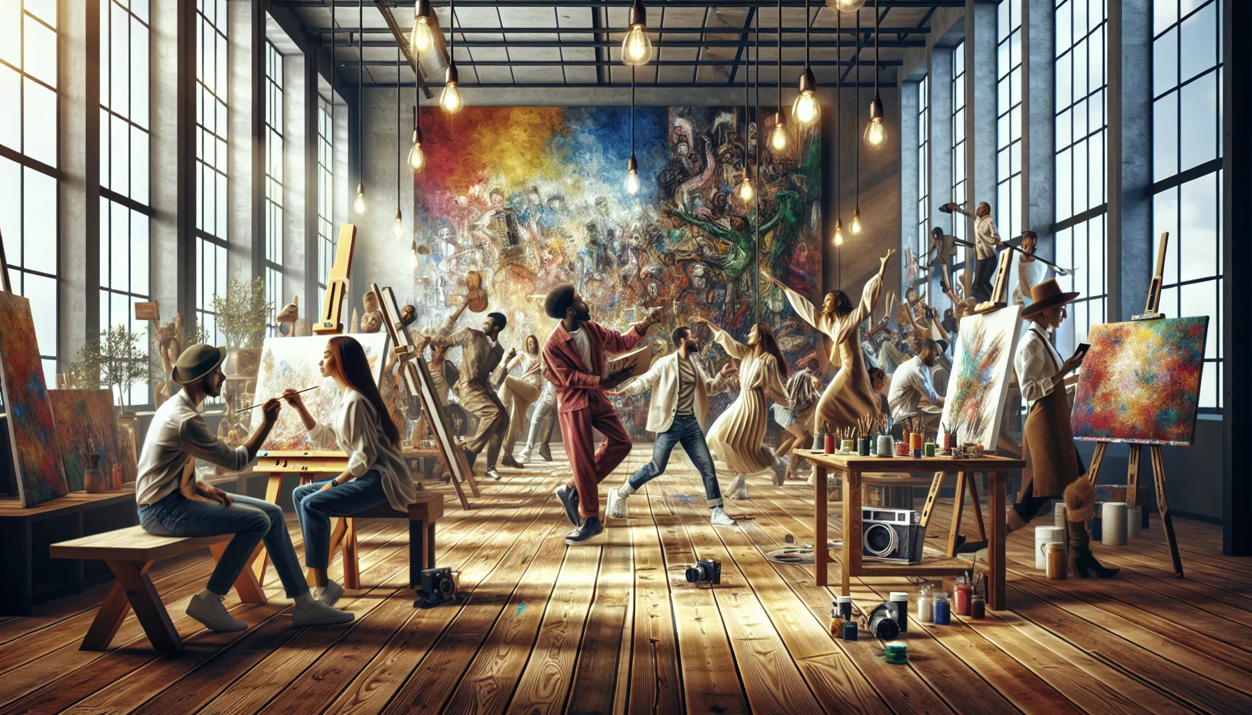 diverse artists engaging in creative activities in a bright studio.