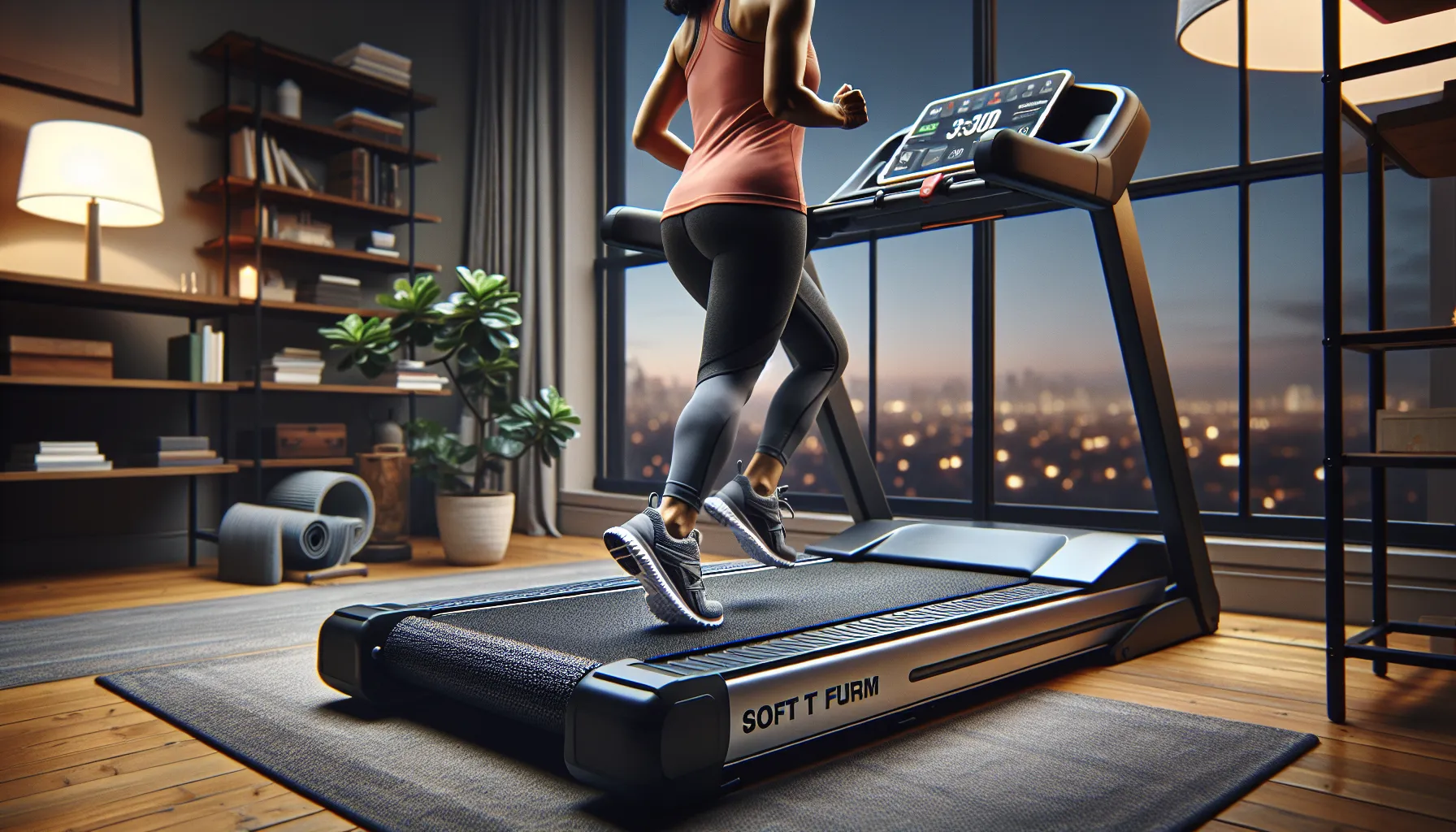Runner tests adjustable treadmill cushioning on a mat in a quiet apartment.