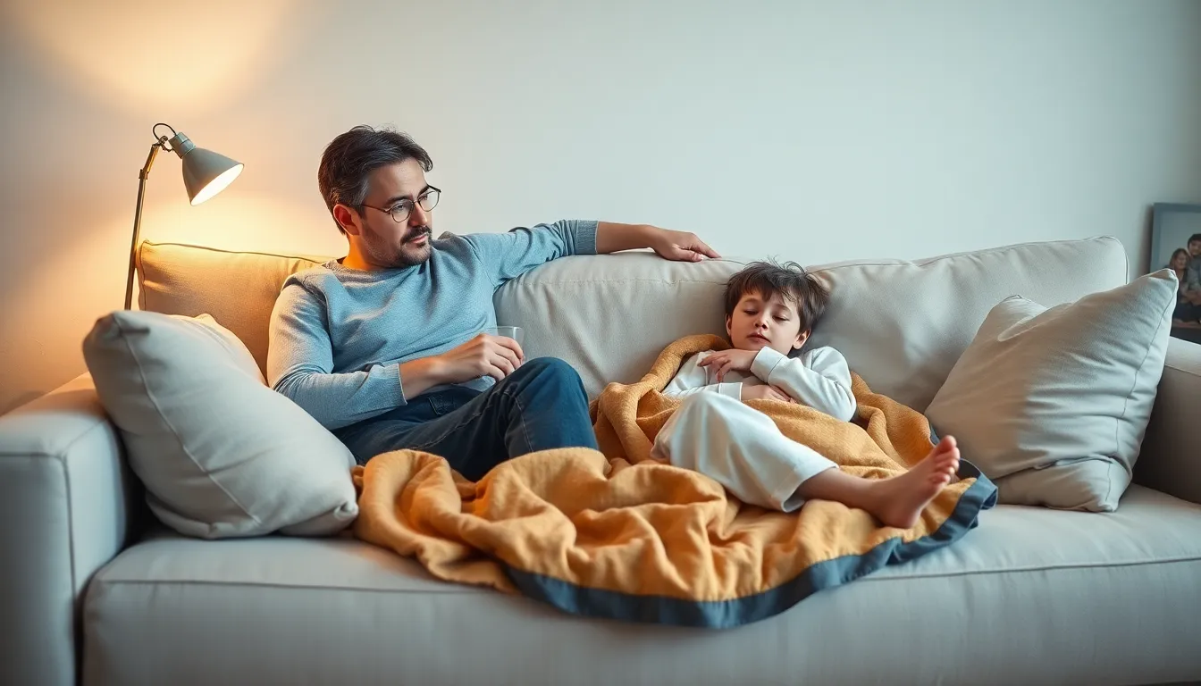 A parent cares for a sick child lounging on a sofa.