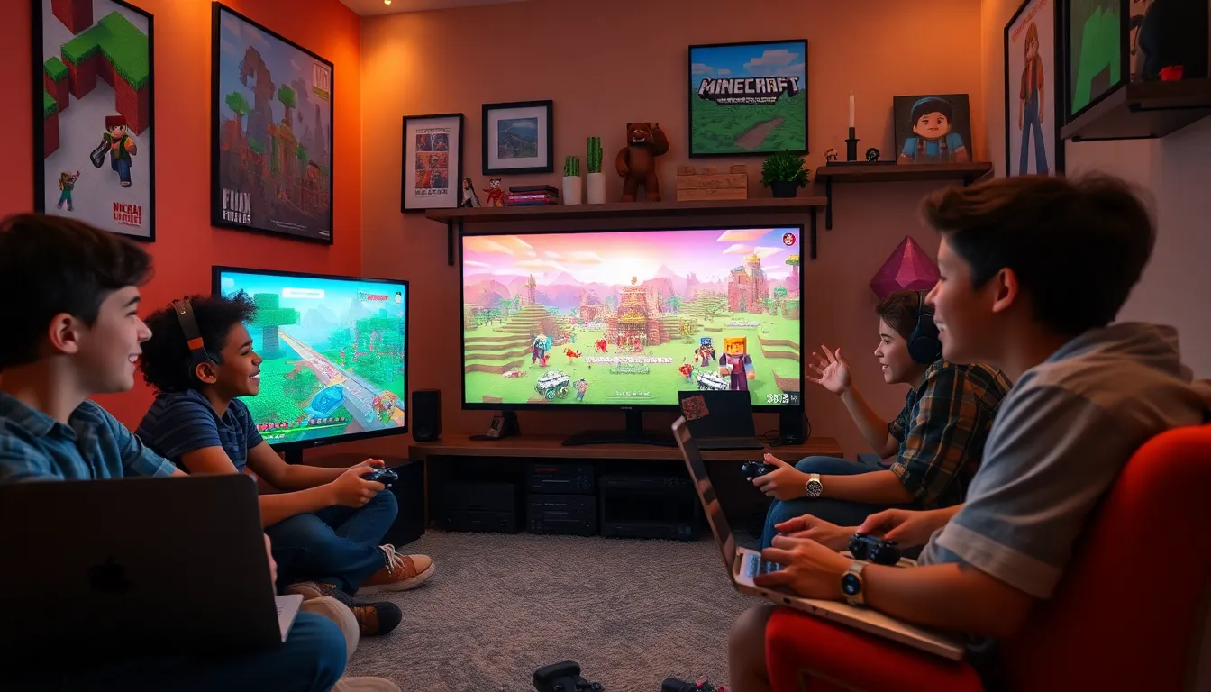 young gamers exploring the latest Minecraft update on a gaming setup.