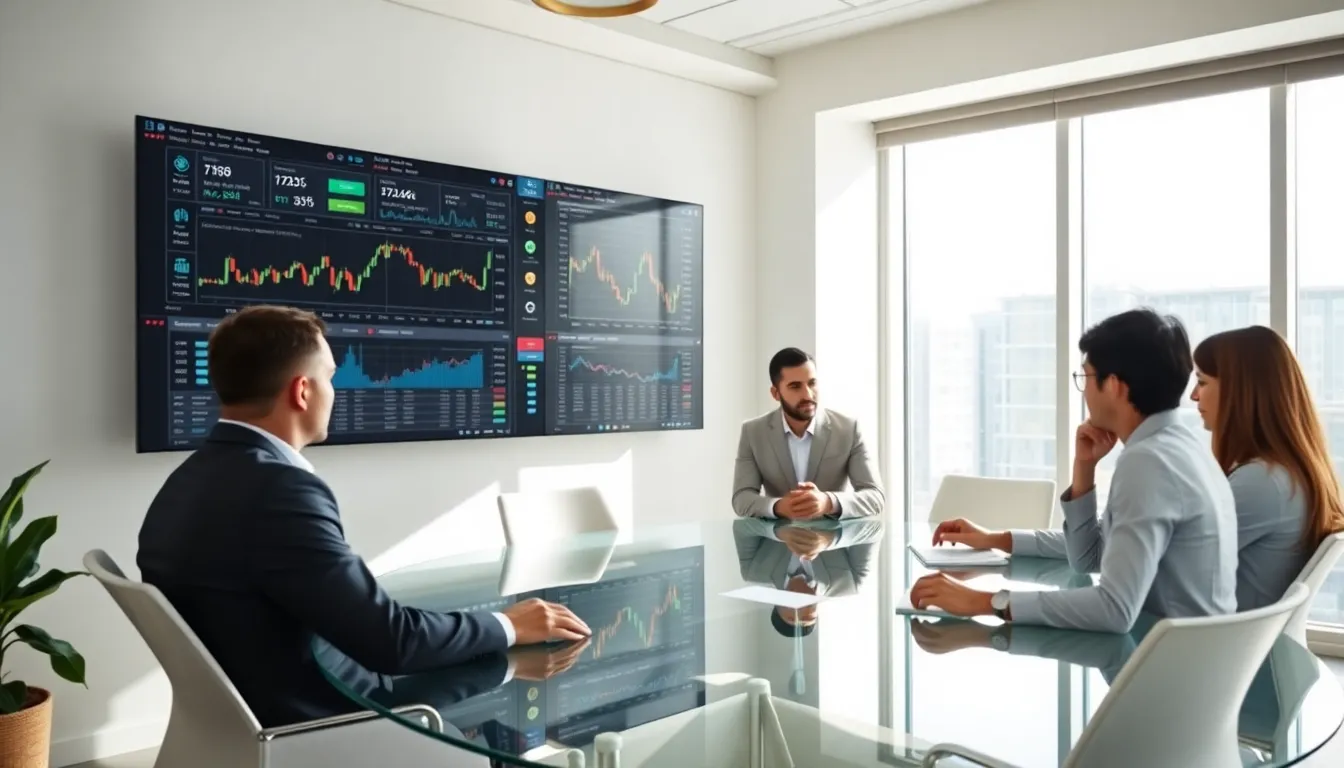 diverse team collaborating on cryptocurrency trading in a modern office.