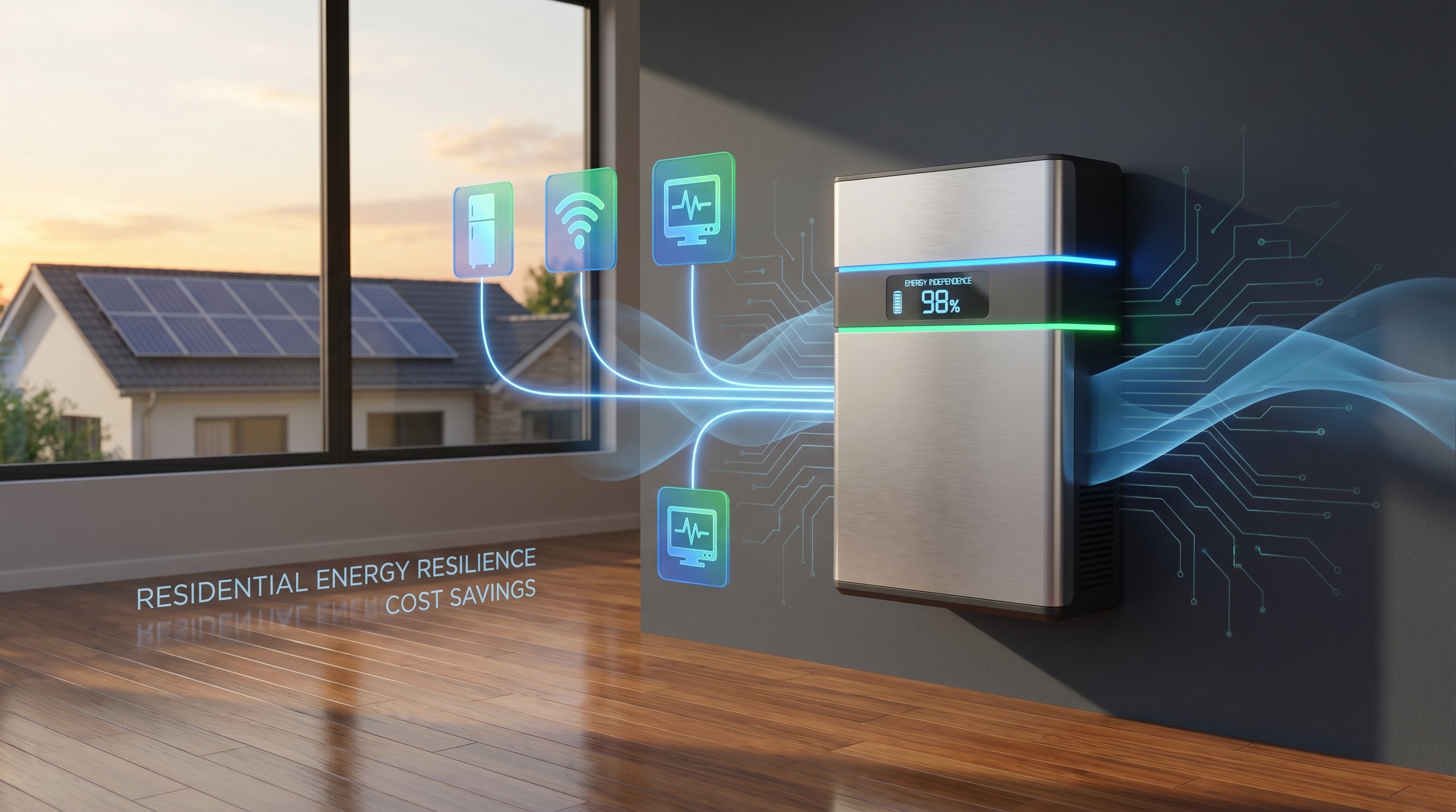 3D render of modern home battery storage system in contemporary residential interior.