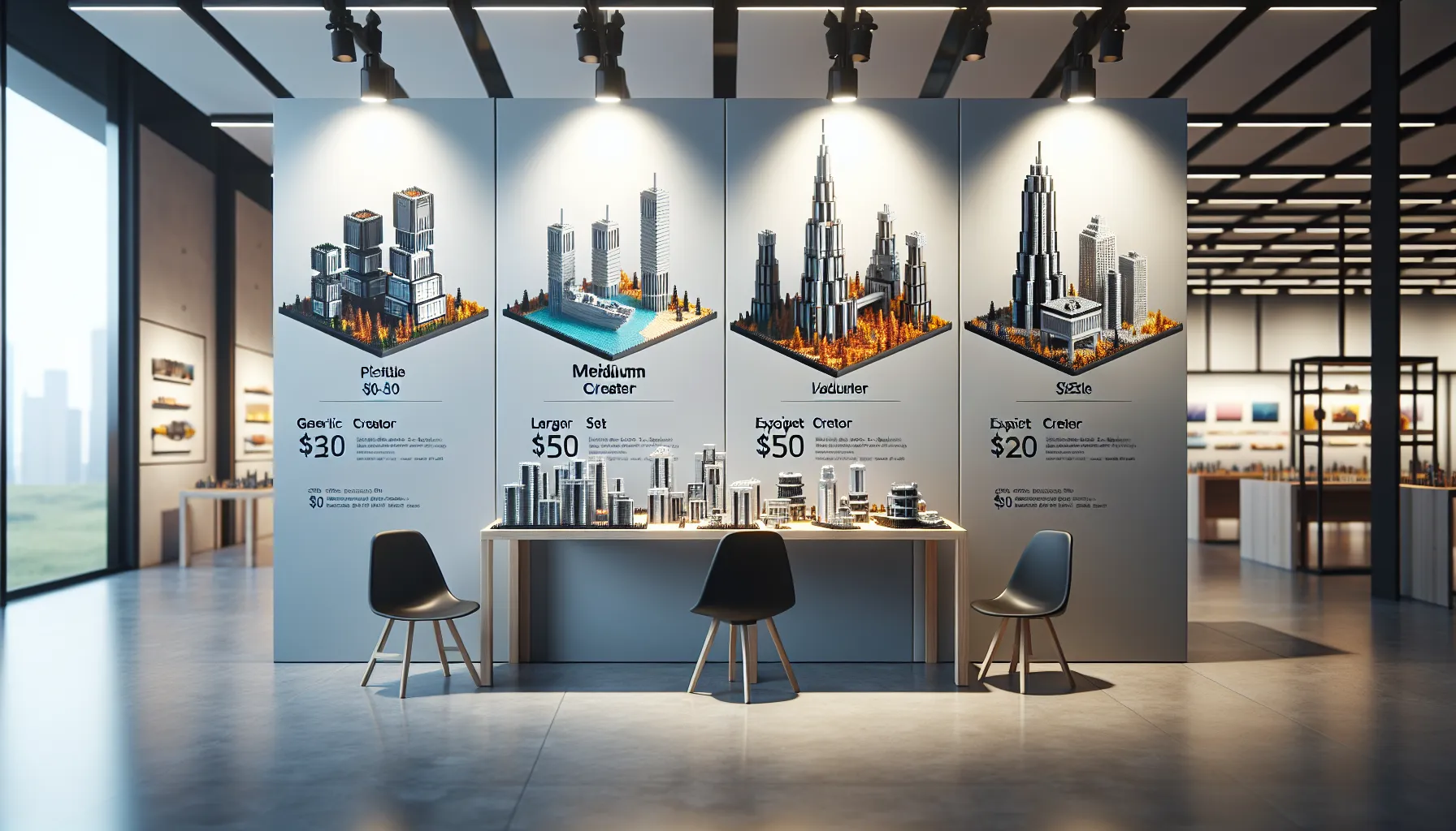 three LEGO sets showing varying sizes and prices in a modern setting.