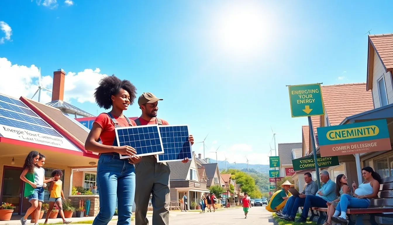 a diverse community engaged in renewable energy initiatives, with solar panels and wind turbines.