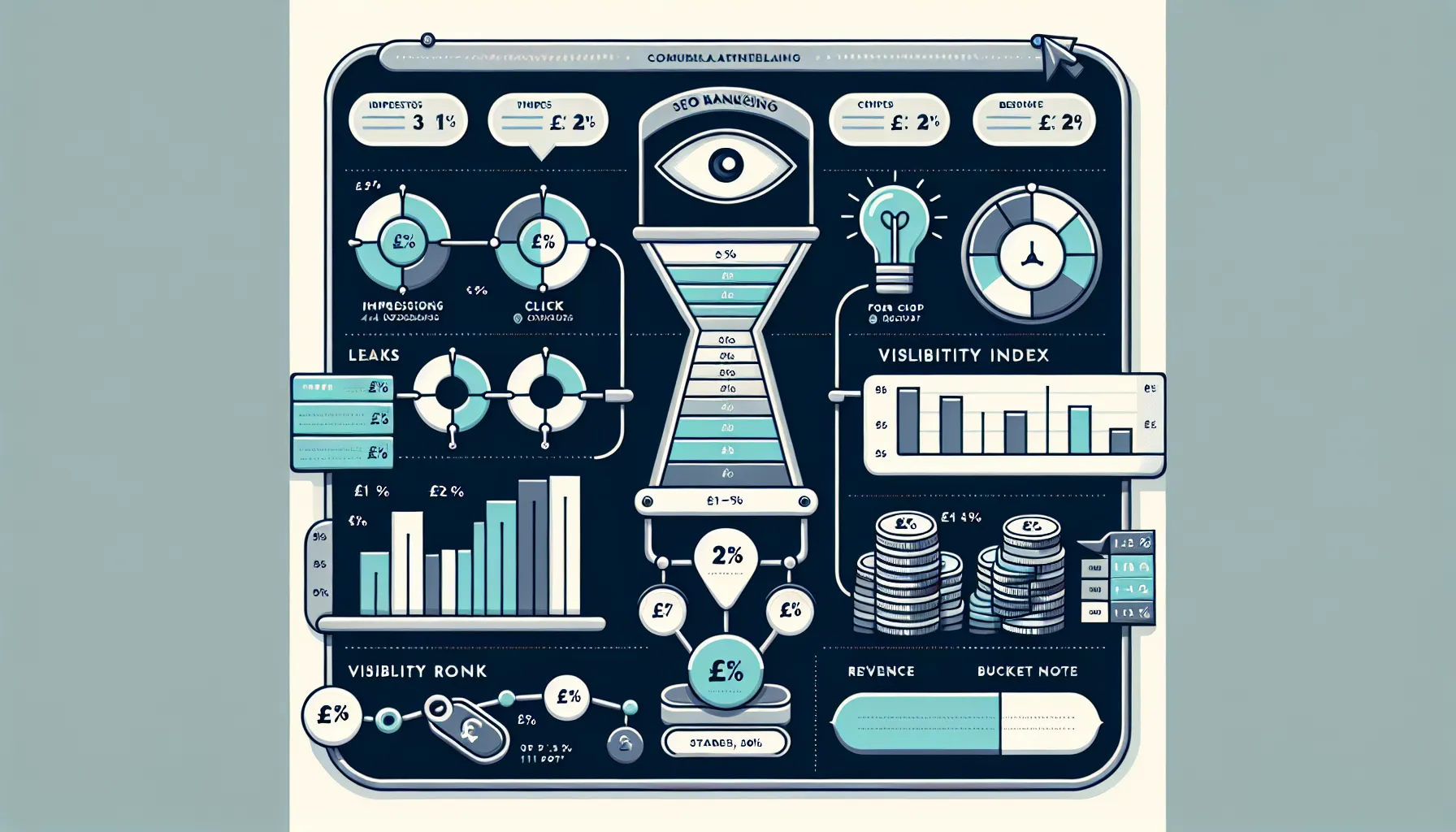 UK SEO dashboard showing rank-to-revenue funnel, visibility buckets, and volatility.