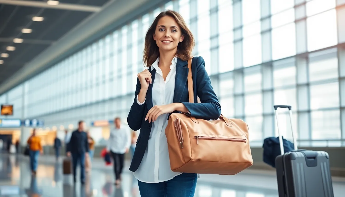 woman in an airport with a stylish travel bag.