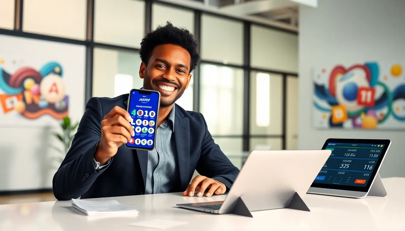man using Jackpot Lottery App in a modern office setting.