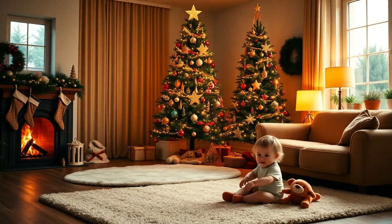 A cozy Christmas living room setting for a baby photoshoot.