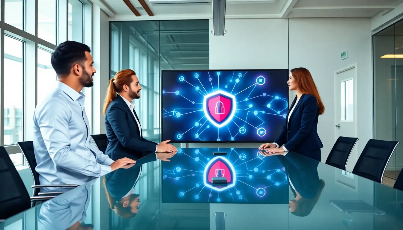 diverse team discussing online privacy in a modern office.