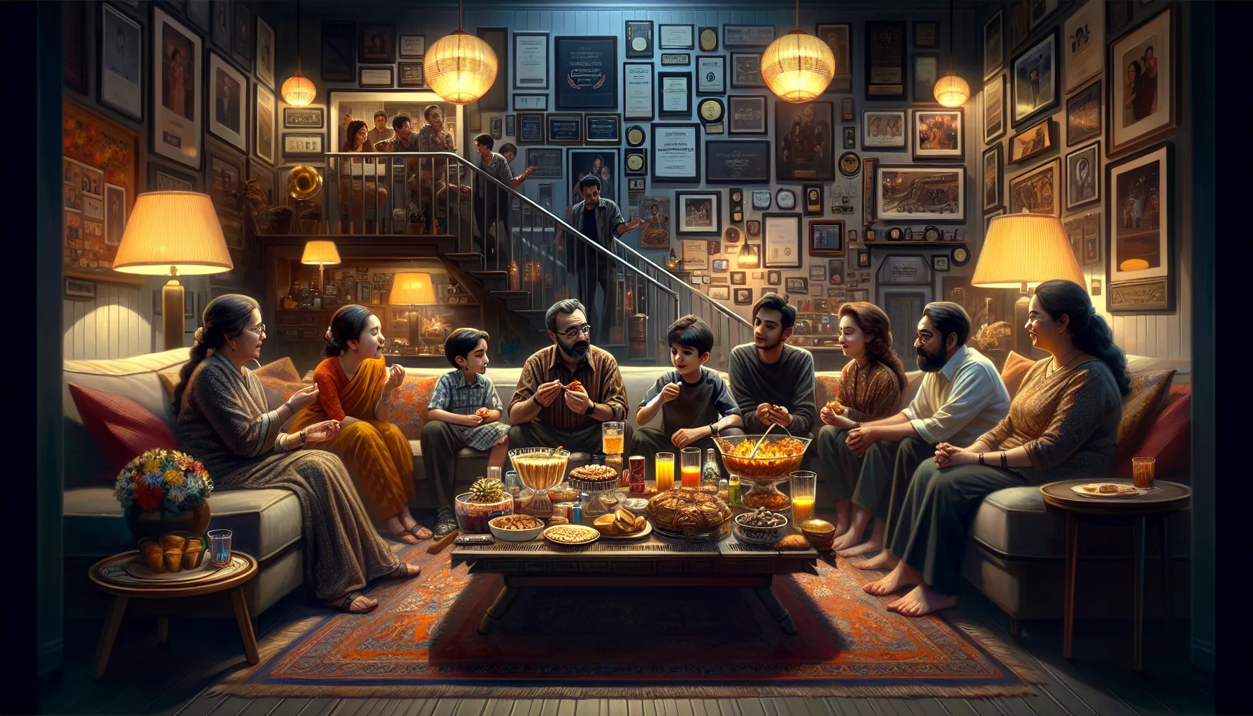 diverse family gathering in a warm living room, engaged in conversation.