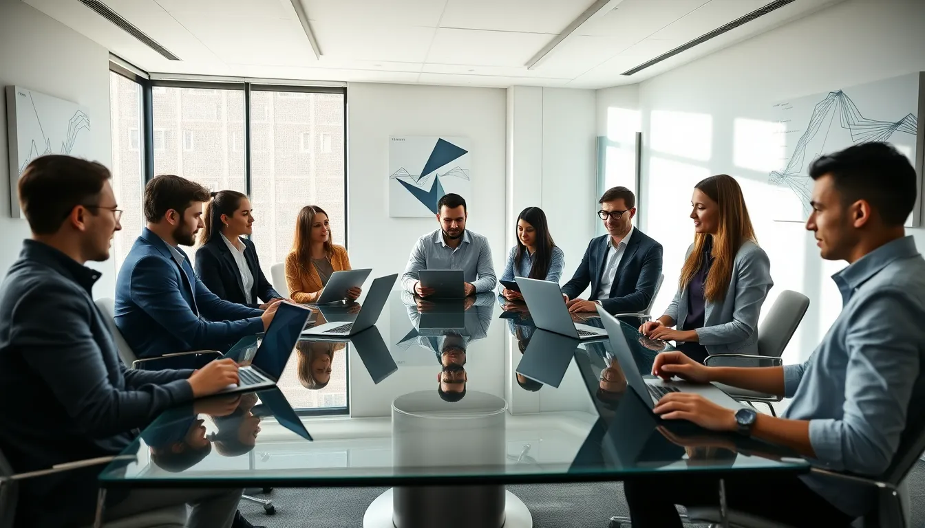 diverse team discussing cryptocurrency strategies in a modern office.