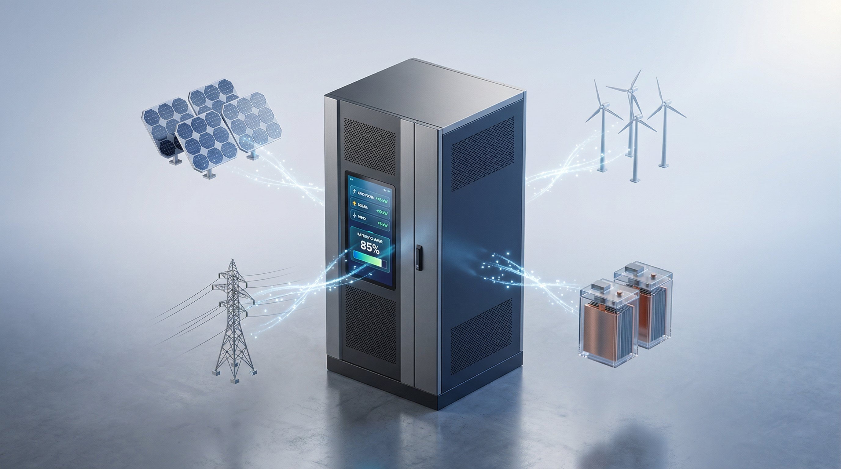 3D render of modern BESS unit with solar panels and energy flow visualization.