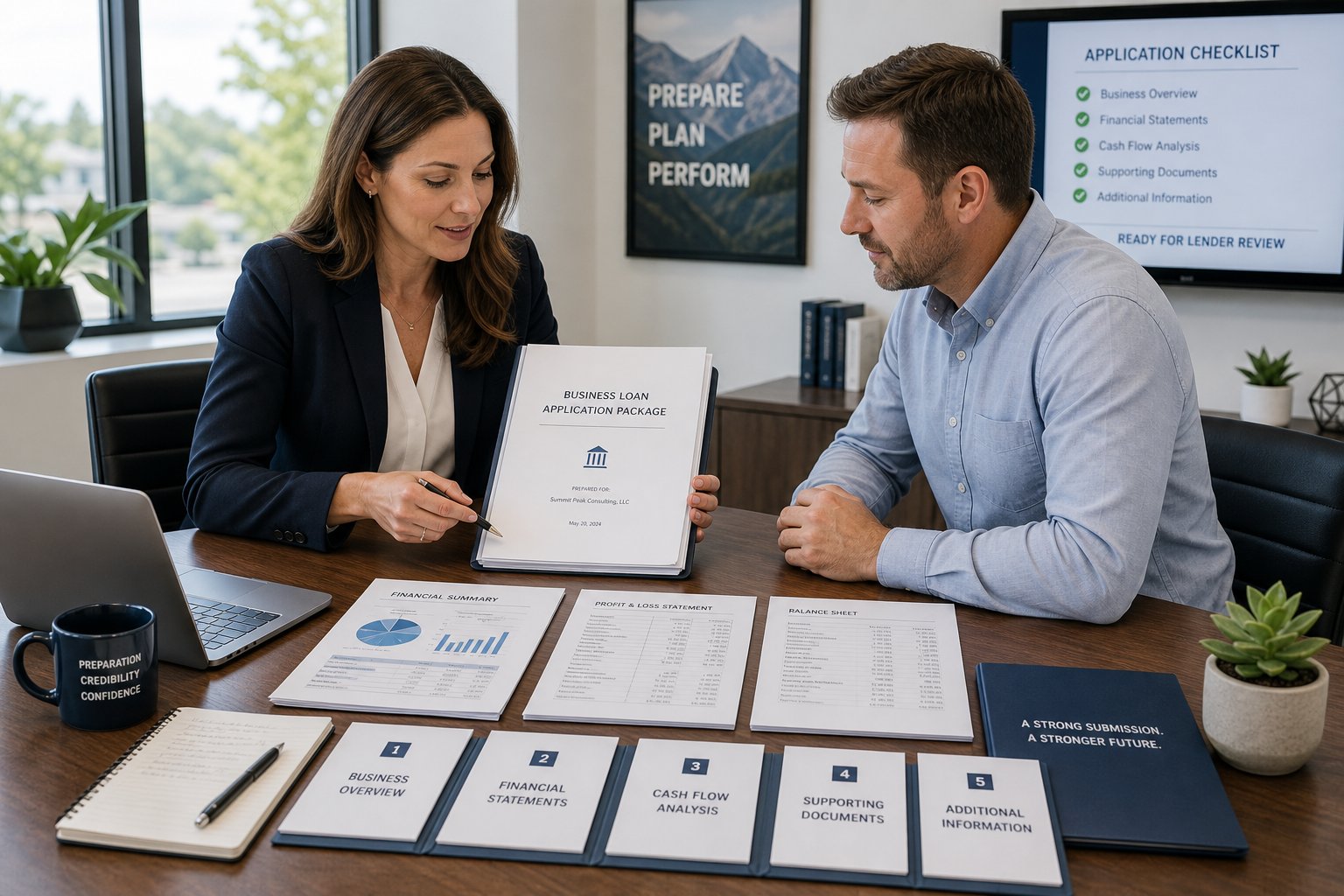 Business owner and finance professional preparing a polished commercial mortgage application in a bright office.