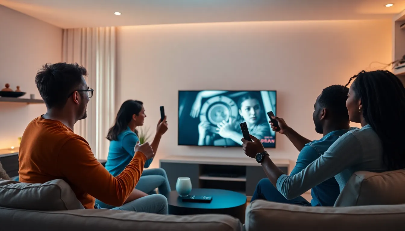 friends playing a horror game on Wii in a cozy living room.