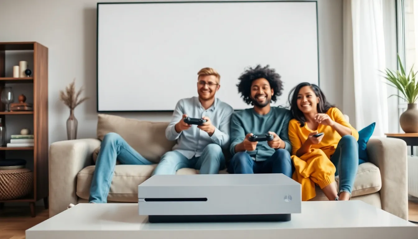 diverse group gaming in a modern living room with a TV and console.