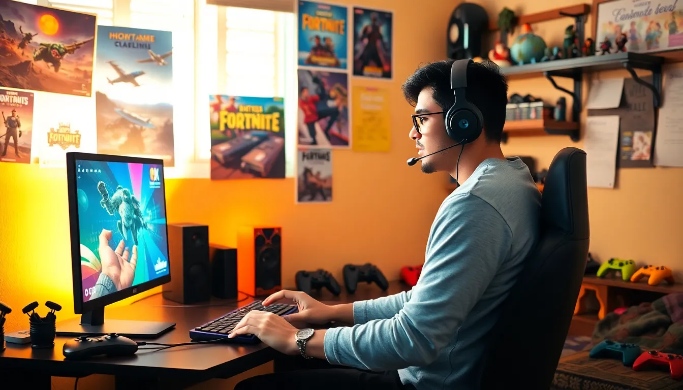 a young gamer at a desk, engaged in gaming with a colorful setup.