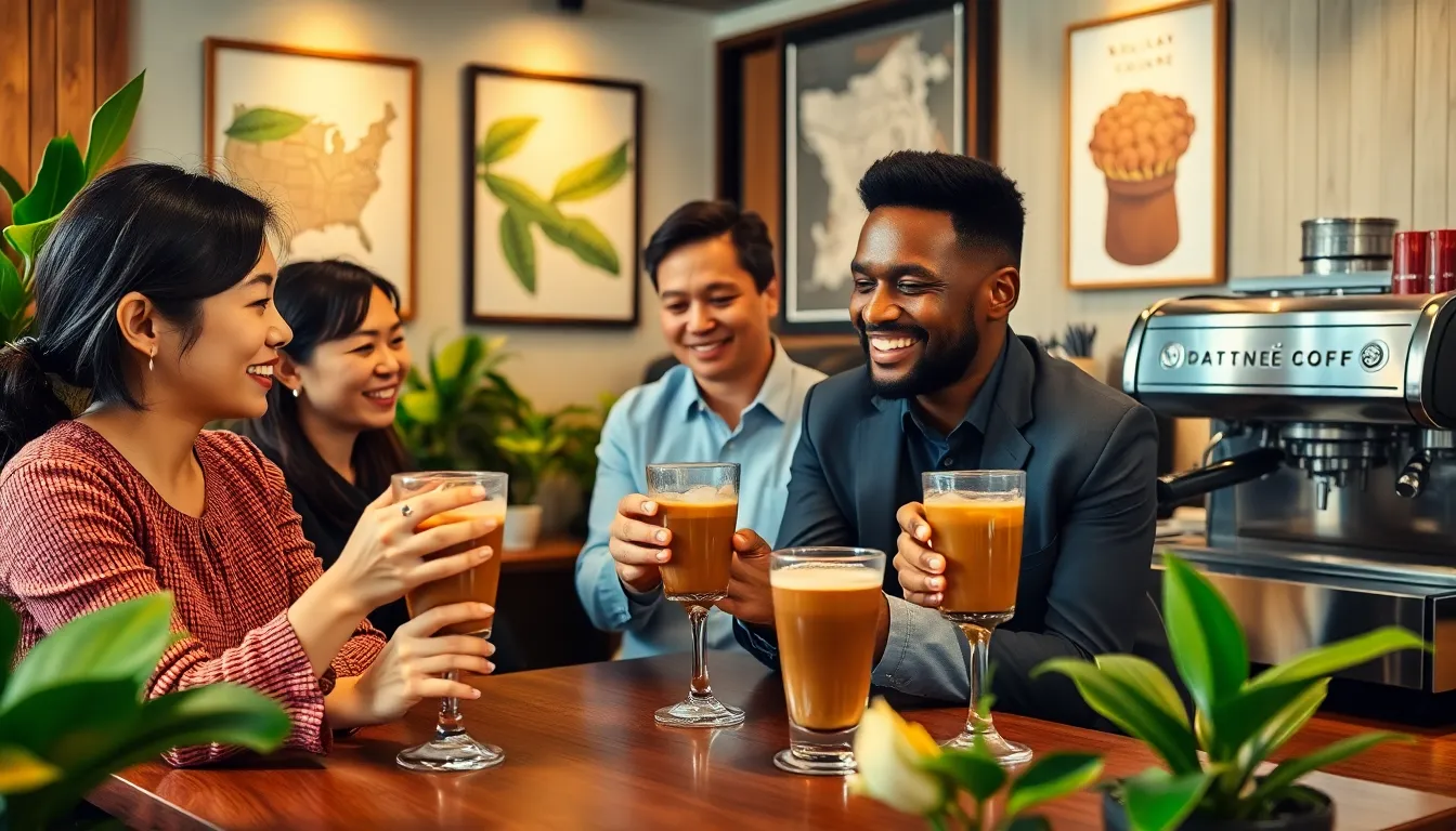 diverse professionals enjoying Vietnamese coffee in a modern café.