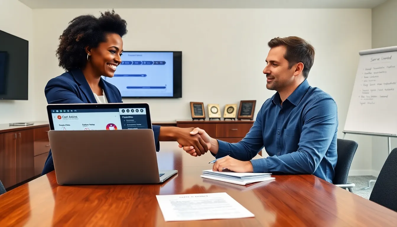 Business handshake over dashboard showing uptime and SLA, symbolizing trusted providers.