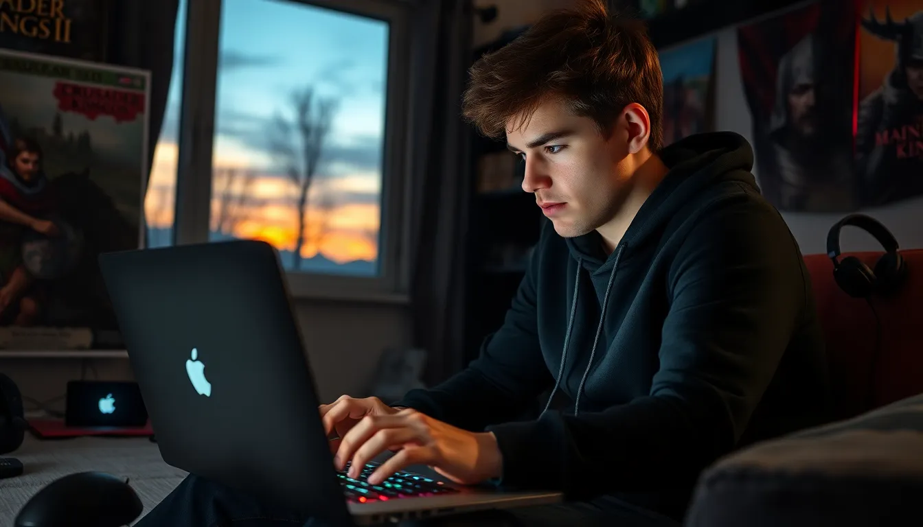 a young man focused on creating characters in a gaming room.