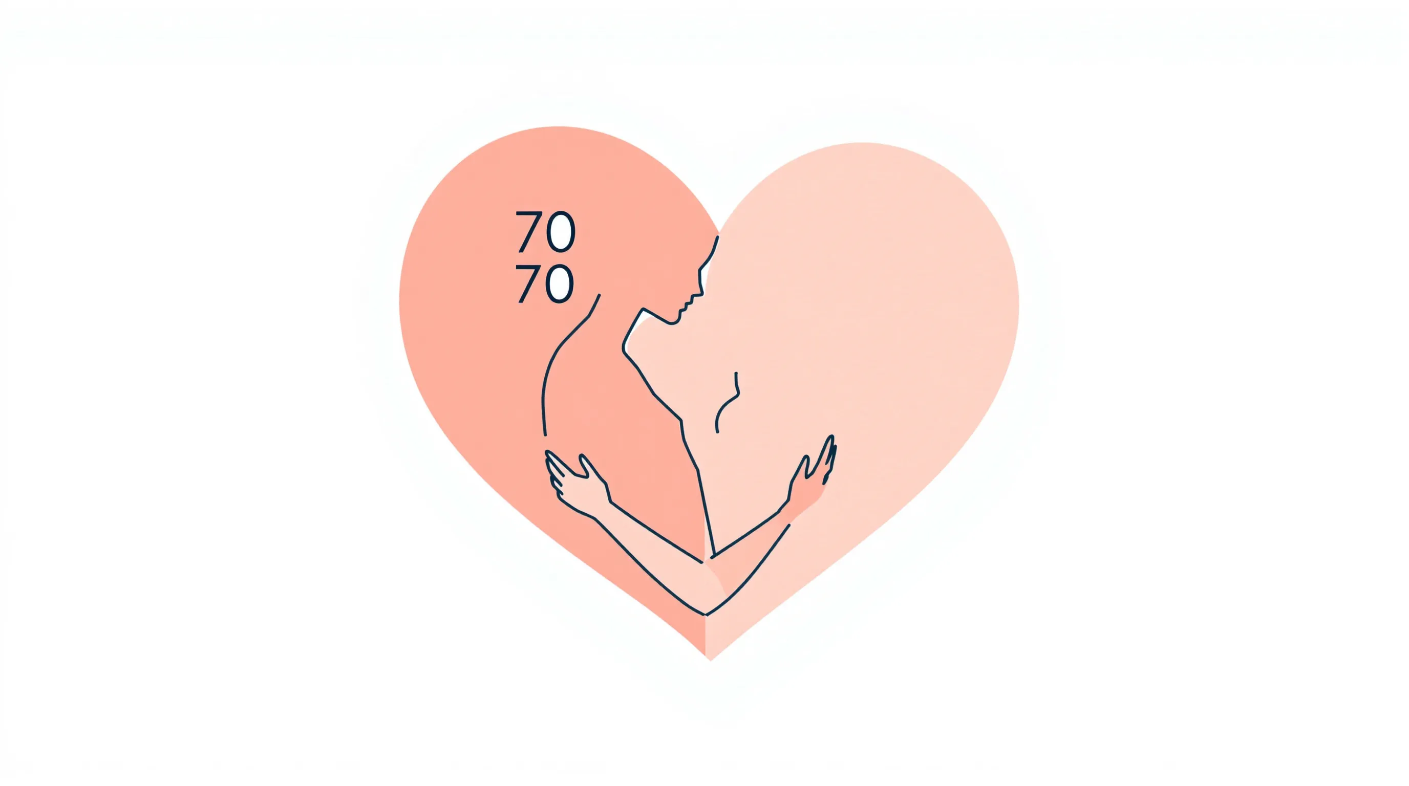 Minimalist silhouette of mother embraced by geometric heart with number 70.