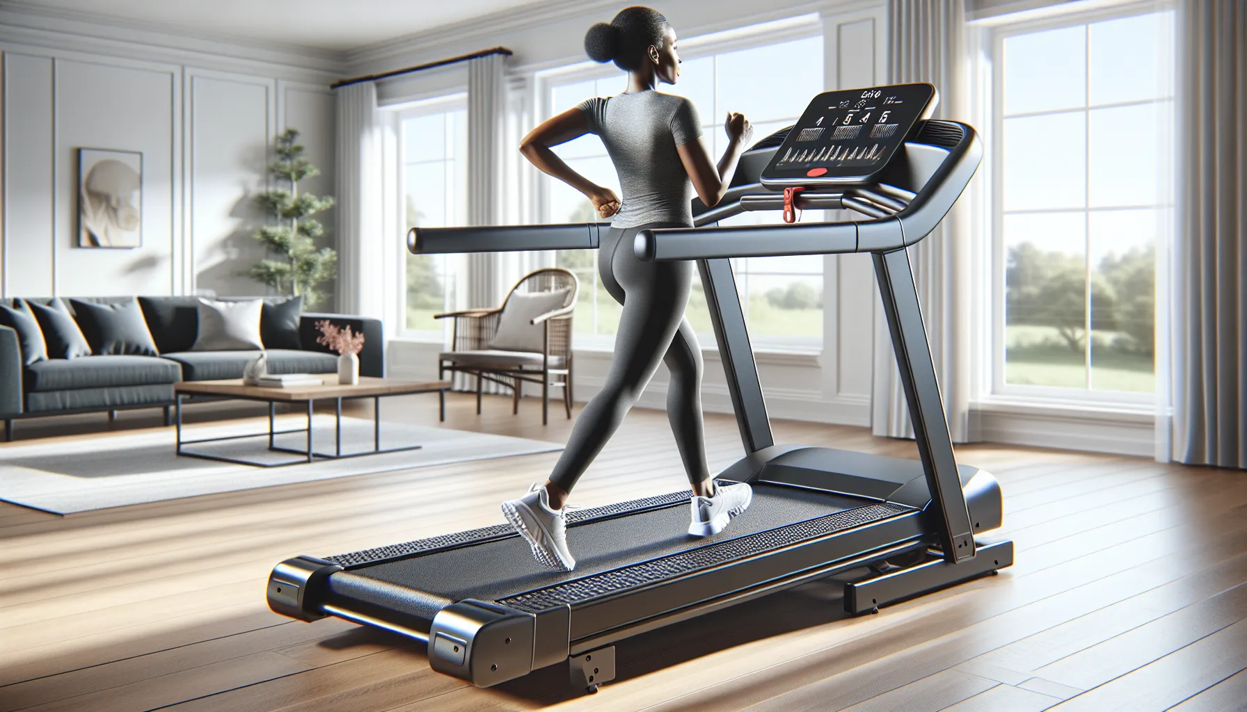 Older woman uses treadmill with sturdy handles in a bright American living room.