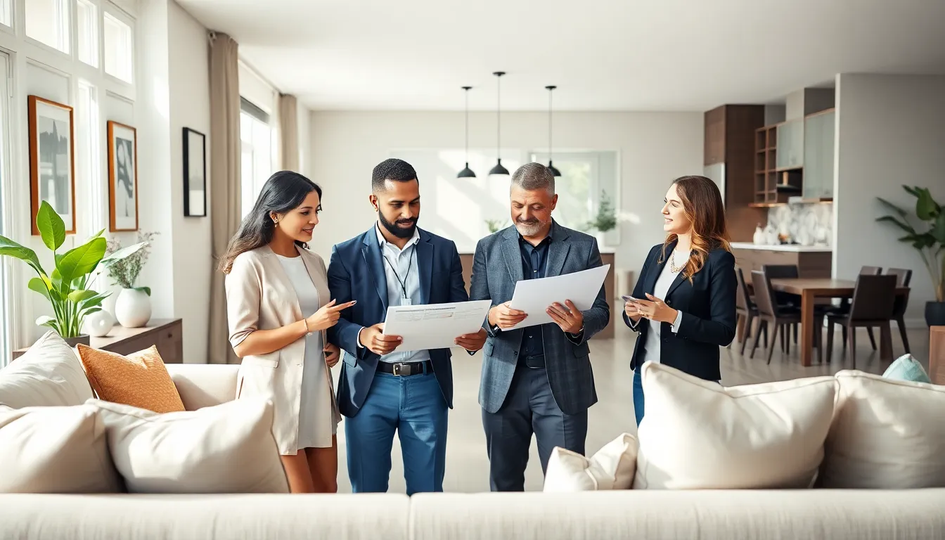 professionals collaborating in a modern renovated living room.