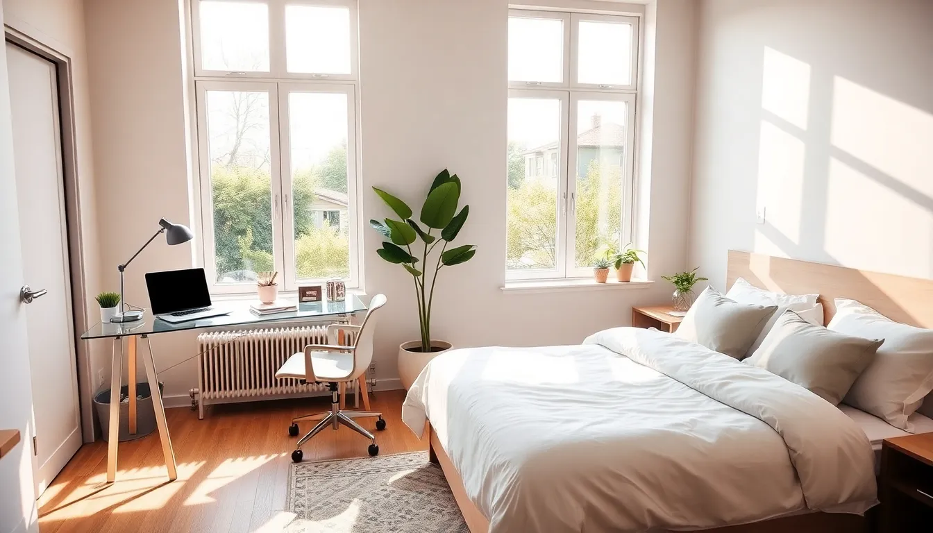 a hybrid home office and guest room with natural light.