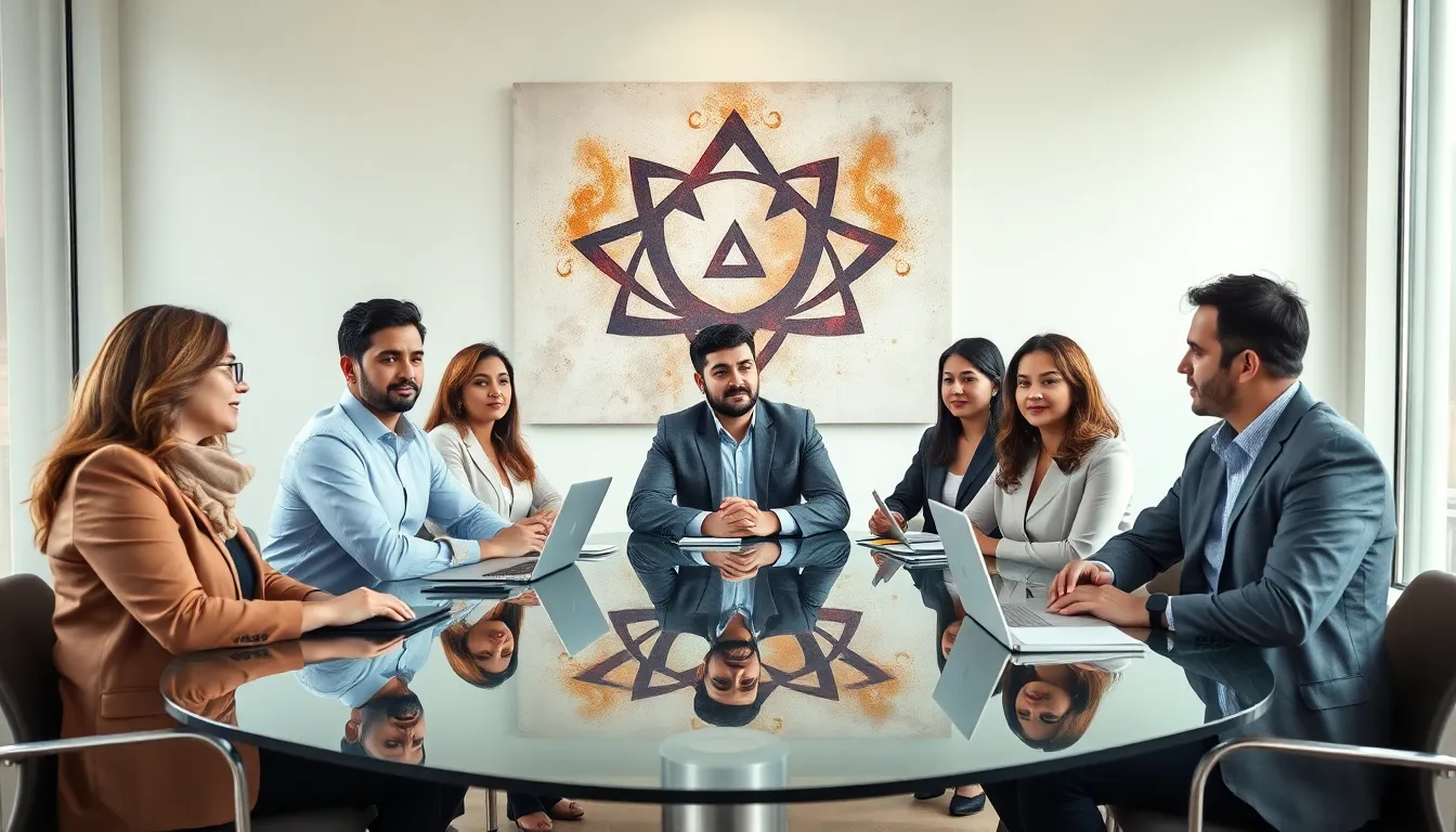 diverse professionals discussing Firqodollah in a modern office.
