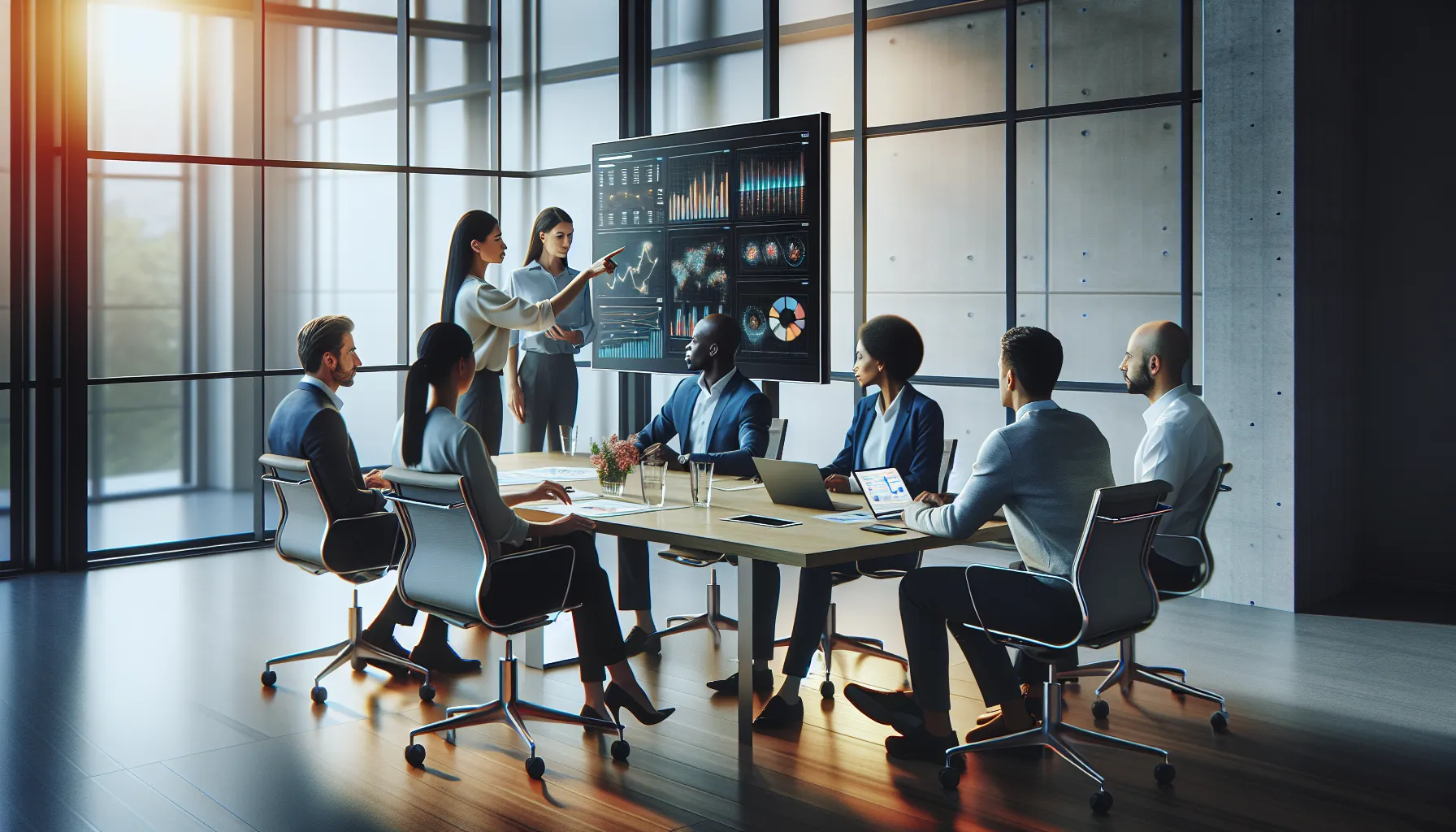 diverse team collaborating around a digital analytics dashboard.