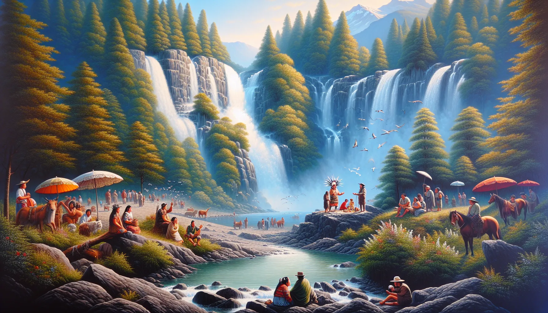 waterfall in a lush landscape with diverse people enjoying nature.