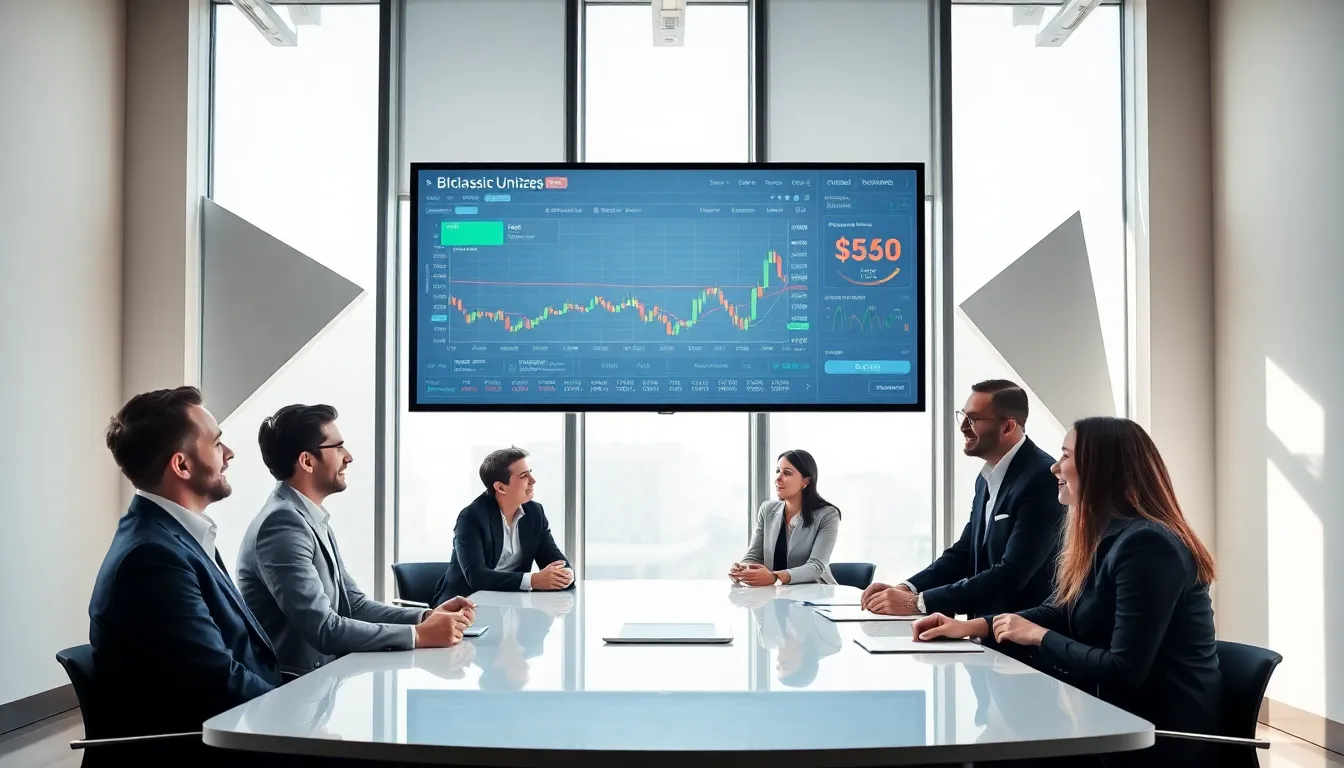 diverse team collaborating in a modern office on trading strategies.
