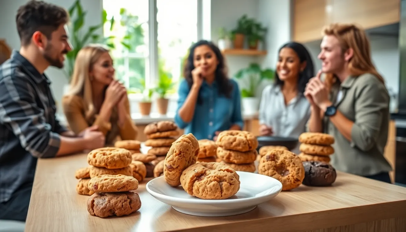 diverse friends enjoying healthy CookiesForLove cookies in a bright kitchen setting.