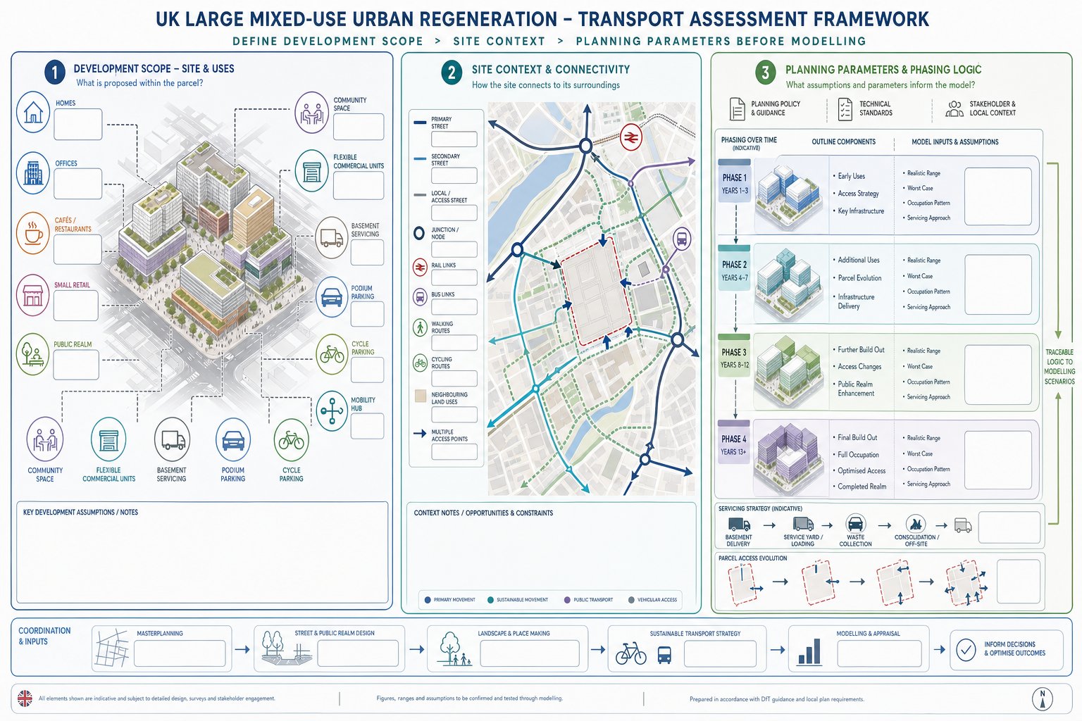Infographic of mixed-use regeneration site scope, context, access, and phasing.