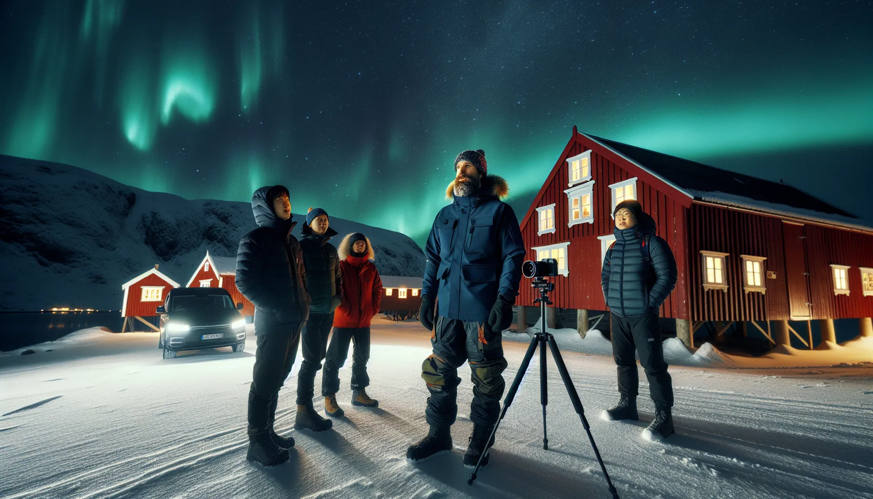 Guide teaching aurora photography by a snowy norwegian fjord with rorbuer.