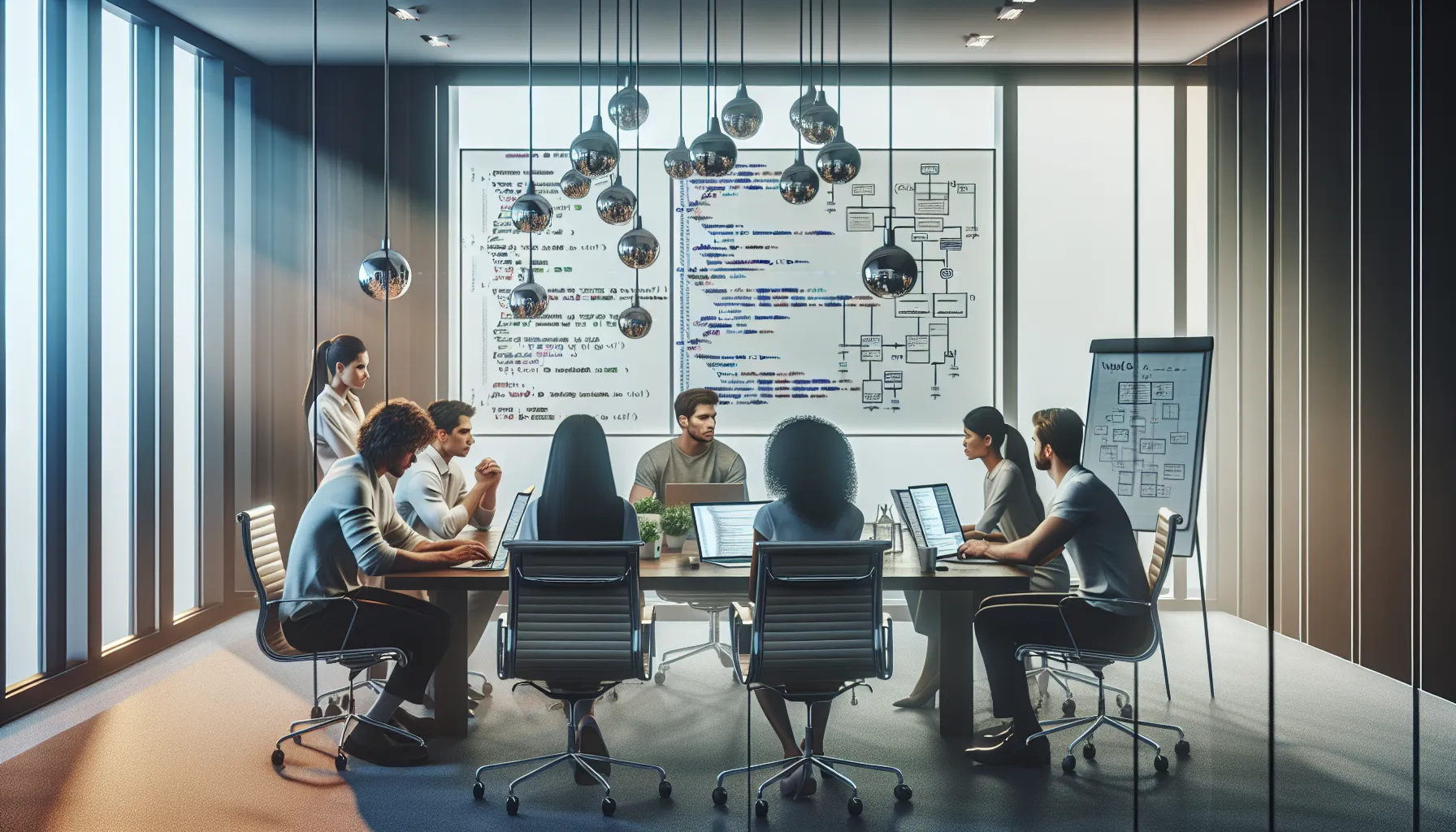 diverse developers collaborating on Warepad0.2 in a modern office.