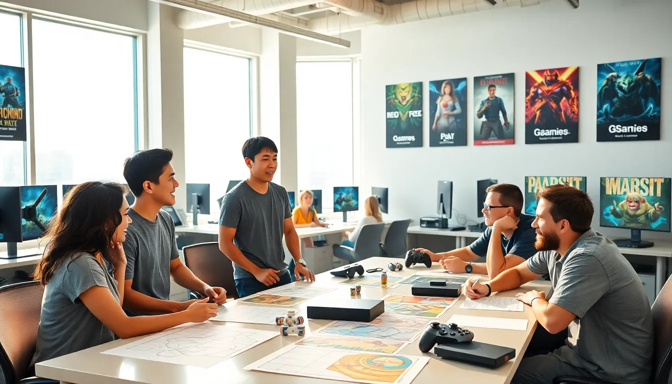 a diverse team collaborating on game design in a modern office.