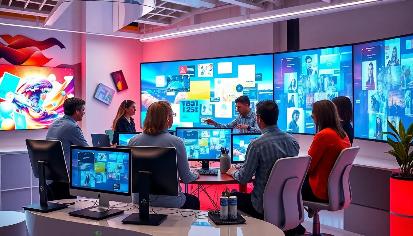 diverse team collaborating in a modern digital workspace.